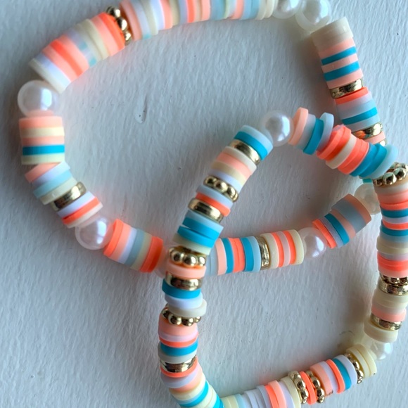 Bohemian clay bead braclet colorful stretch gold tone rings white pearls - Picture 11 of 11